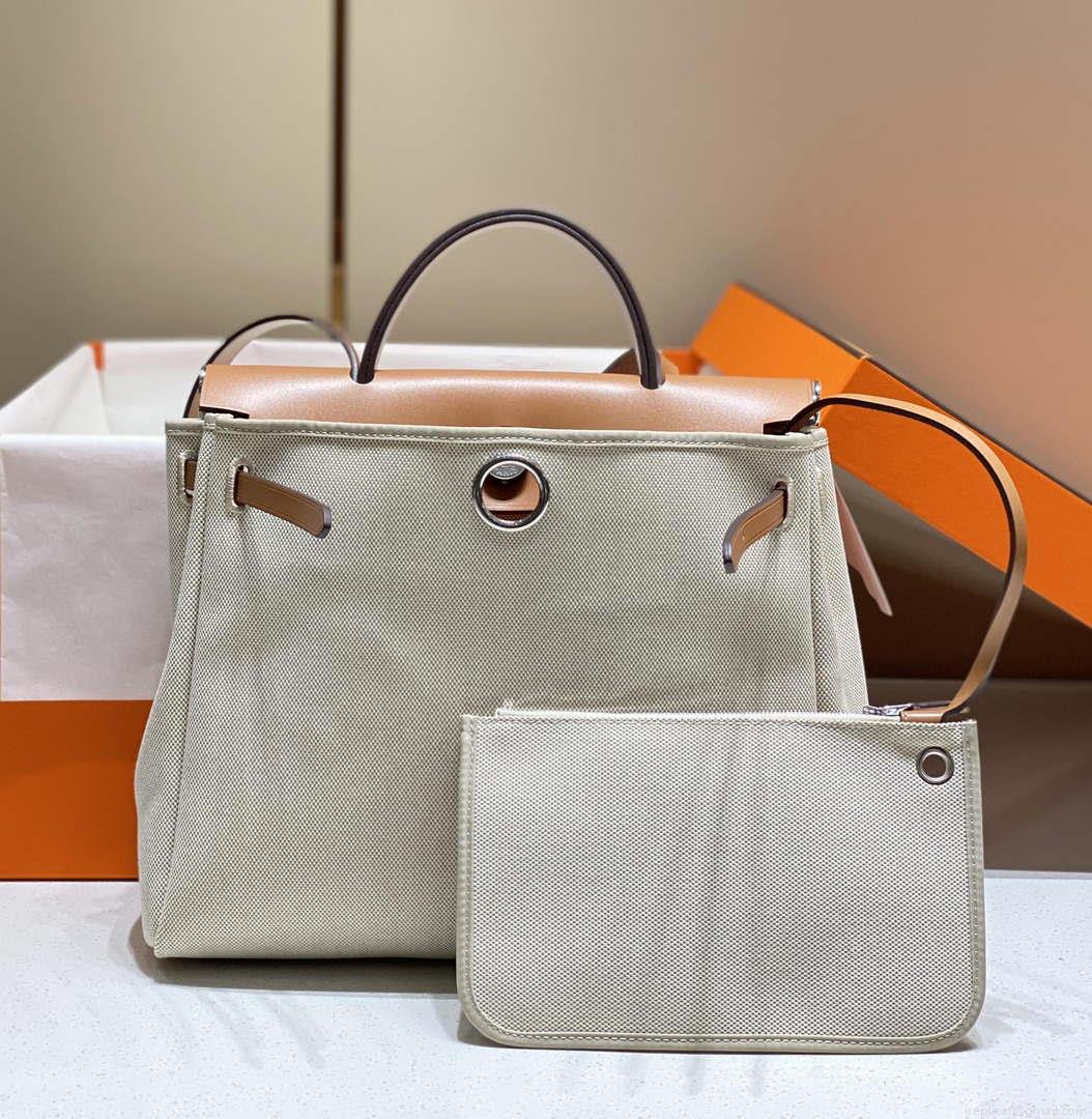 Hermes H084076CKAD Herbag Zip 31 Bag in Brown Hunter Leather and Canvas H60050