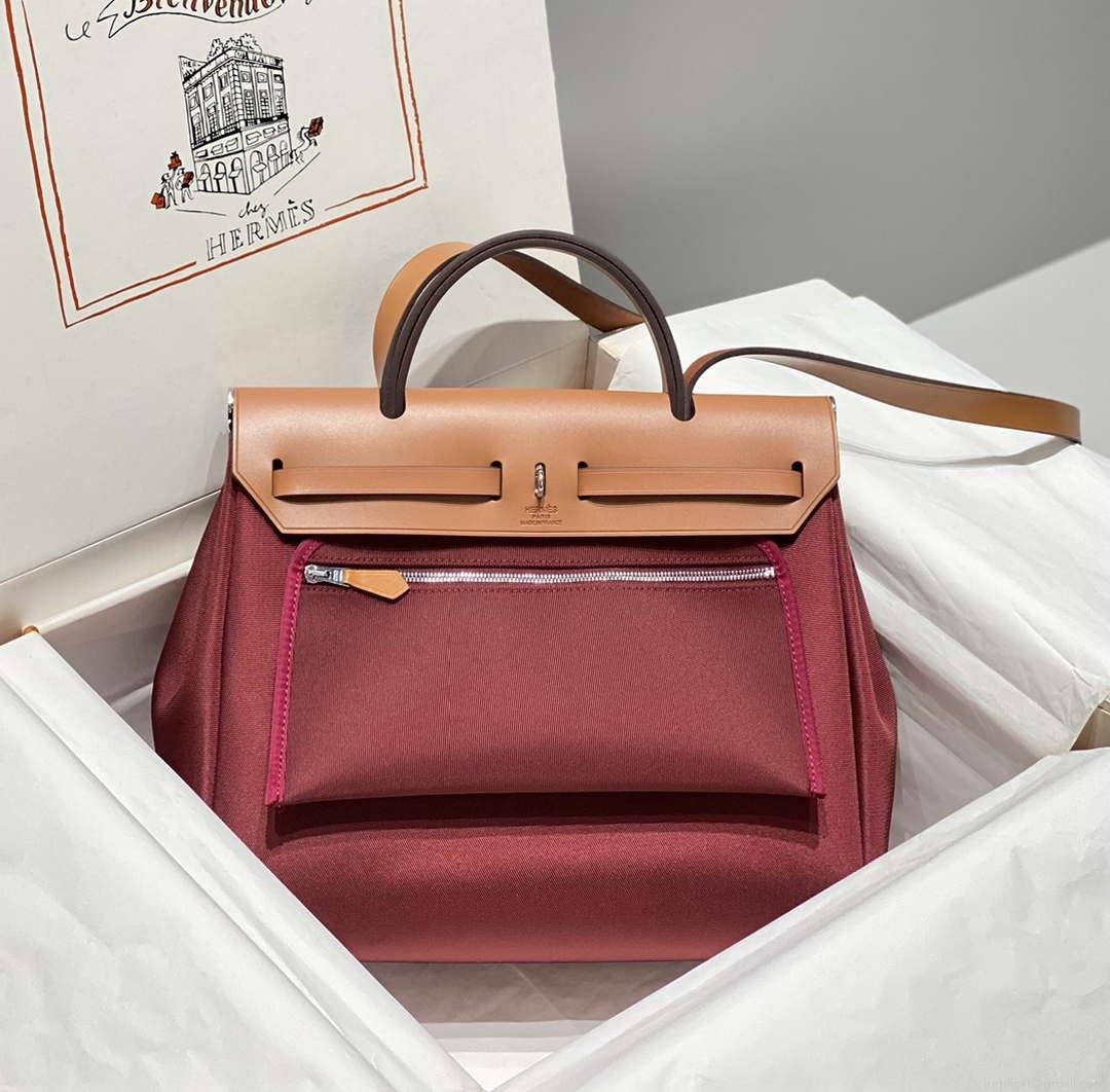 Hermes H084076CKAD Herbag Zip 31 Bag in Brown Hunter Leather and Canvas H60054