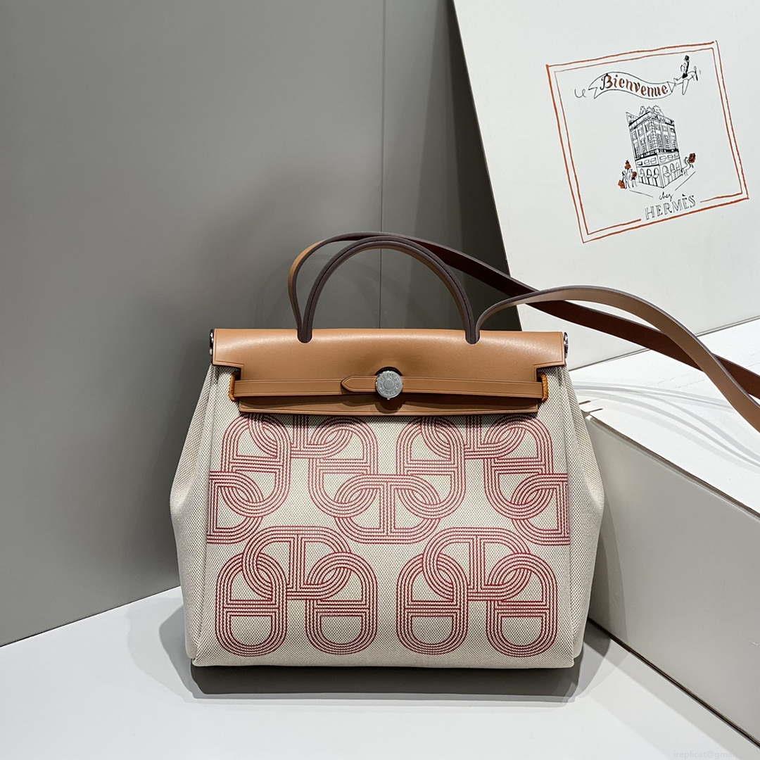 Hermes H084076CKAD Herbag Zip 31 Bag in Brown Hunter Leather and Canvas H60060