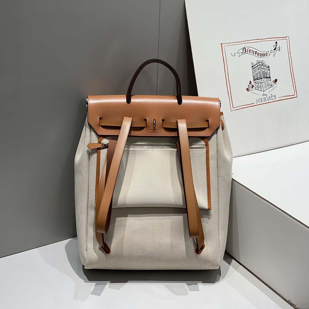 Hermes H084076CKAD A Dos Zip Retourne Herbag Backpack Toile Vache Hunter Ebene H60065