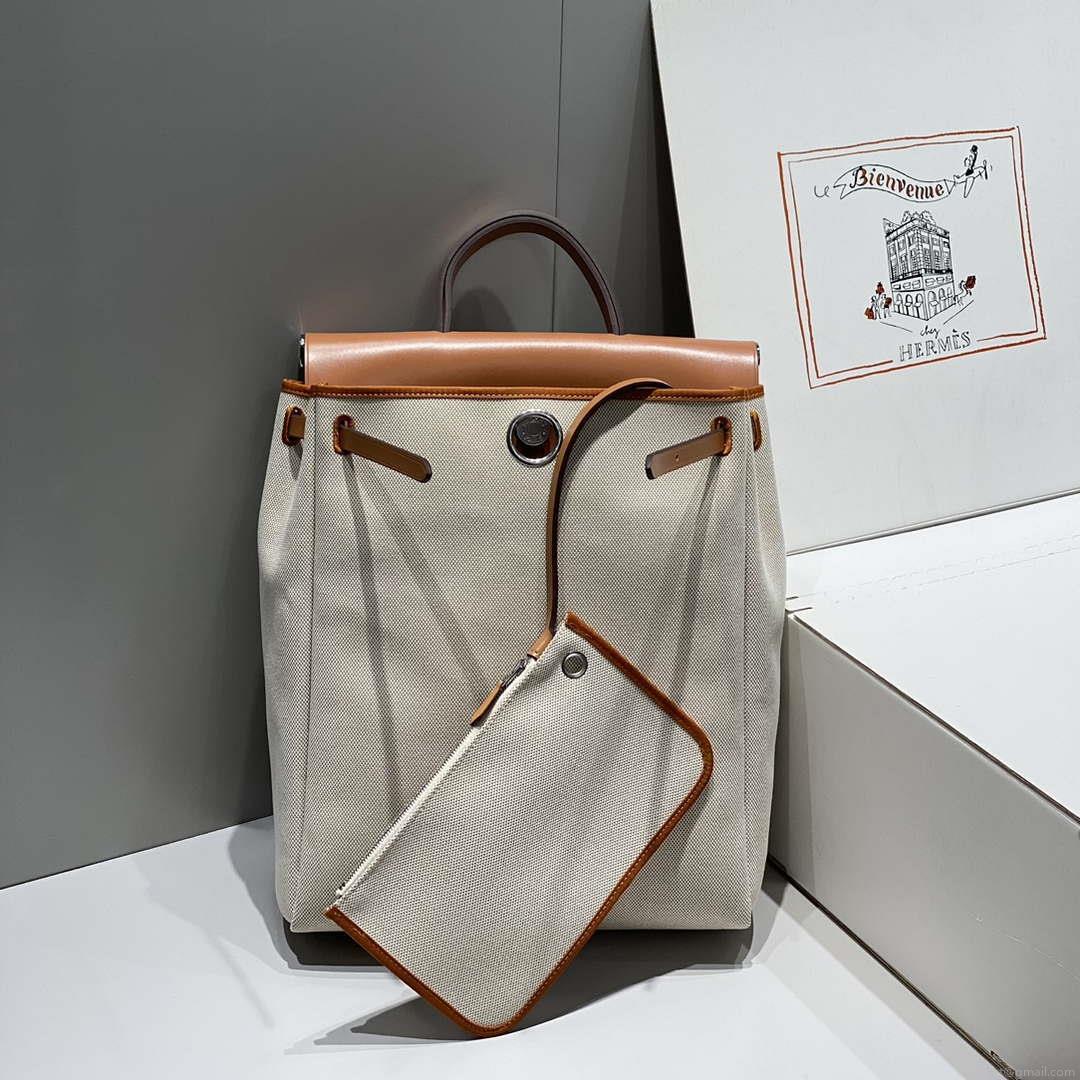 Hermes H084076CKAD A Dos Zip Retourne Herbag Backpack Toile Vache Hunter Ebene H60065