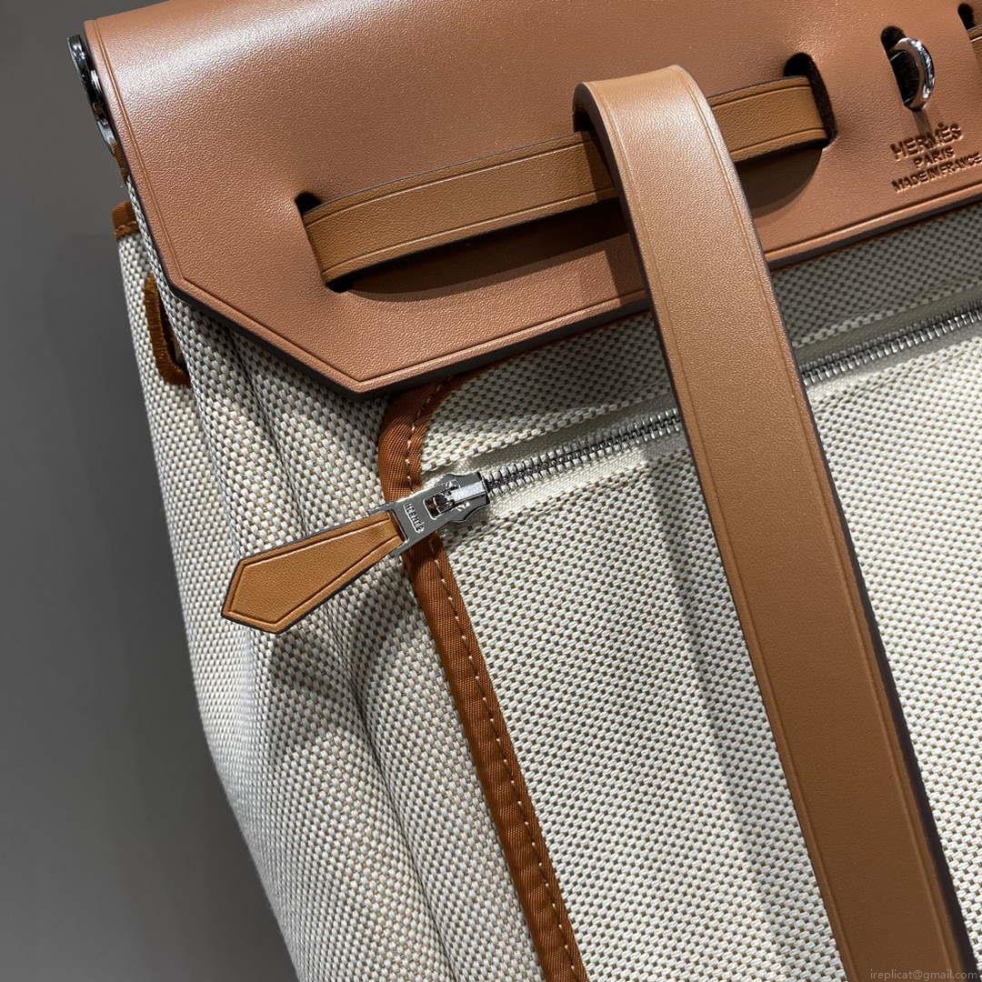 Hermes H084076CKAD A Dos Zip Retourne Herbag Backpack Toile Vache Hunter Ebene H60065