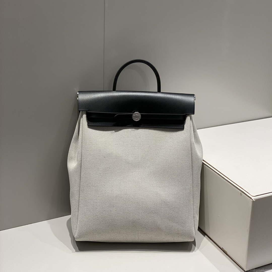 Hermes H084076CKAD A Dos Zip Retourne Herbag Backpack Toile Vache Hunter Ebene H60066