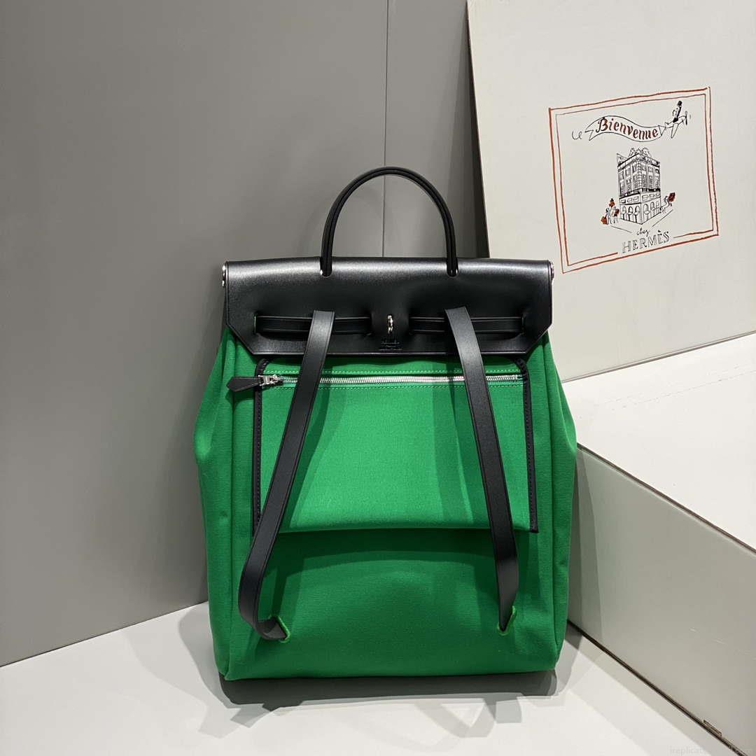 Hermes H084076CKAD A Dos Zip Retourne Herbag Backpack Toile Vache Hunter Ebene H60069