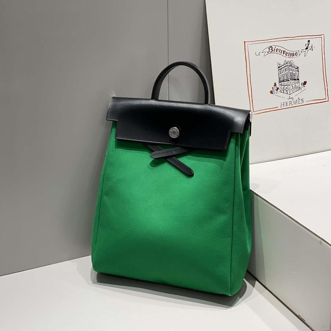 Hermes H084076CKAD A Dos Zip Retourne Herbag Backpack Toile Vache Hunter Ebene H60069