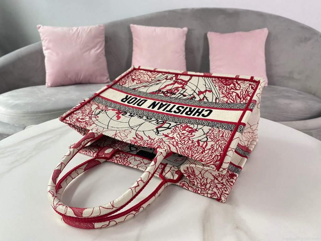 Dior M1296 Small DIOR BOOK TOTE Red and White D-Royaume d’Amour Embroidery Red and white