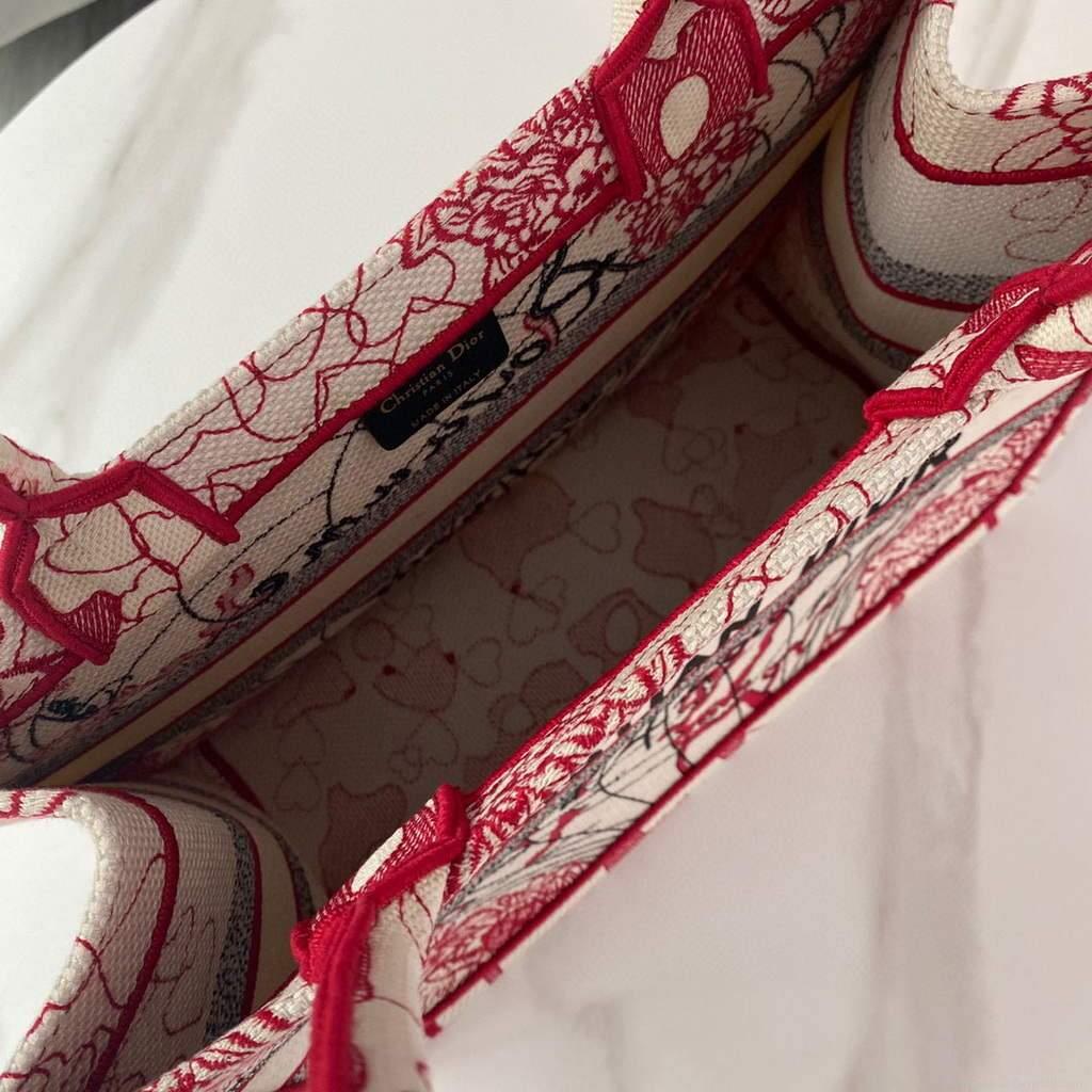 Dior M1296 Small DIOR BOOK TOTE Red and White D-Royaume d’Amour Embroidery Red and white