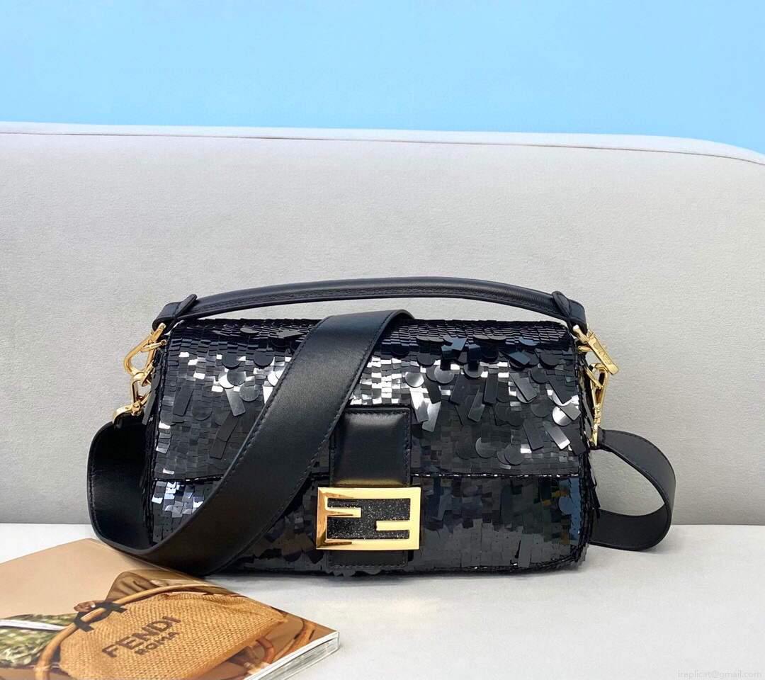 Fendi 8BR792 Medium Baguette 1997 Black Satin Bag with Sequins