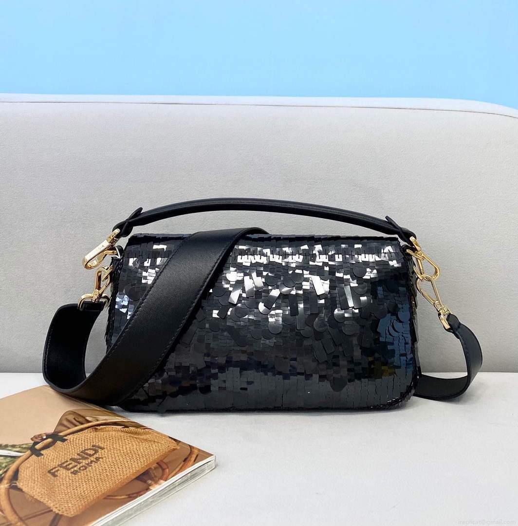 Fendi 8BR792 Medium Baguette 1997 Black Satin Bag with Sequins