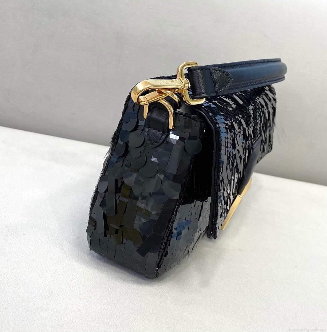 Fendi 8BR792 Medium Baguette 1997 Black Satin Bag with Sequins