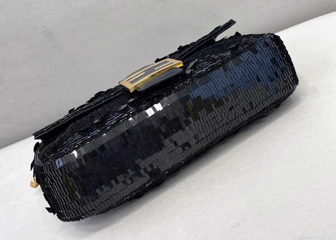 Fendi 8BR792 Medium Baguette 1997 Black Satin Bag with Sequins