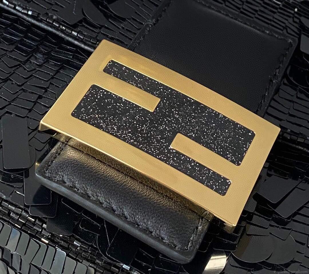 Fendi 8BR792 Medium Baguette 1997 Black Satin Bag with Sequins