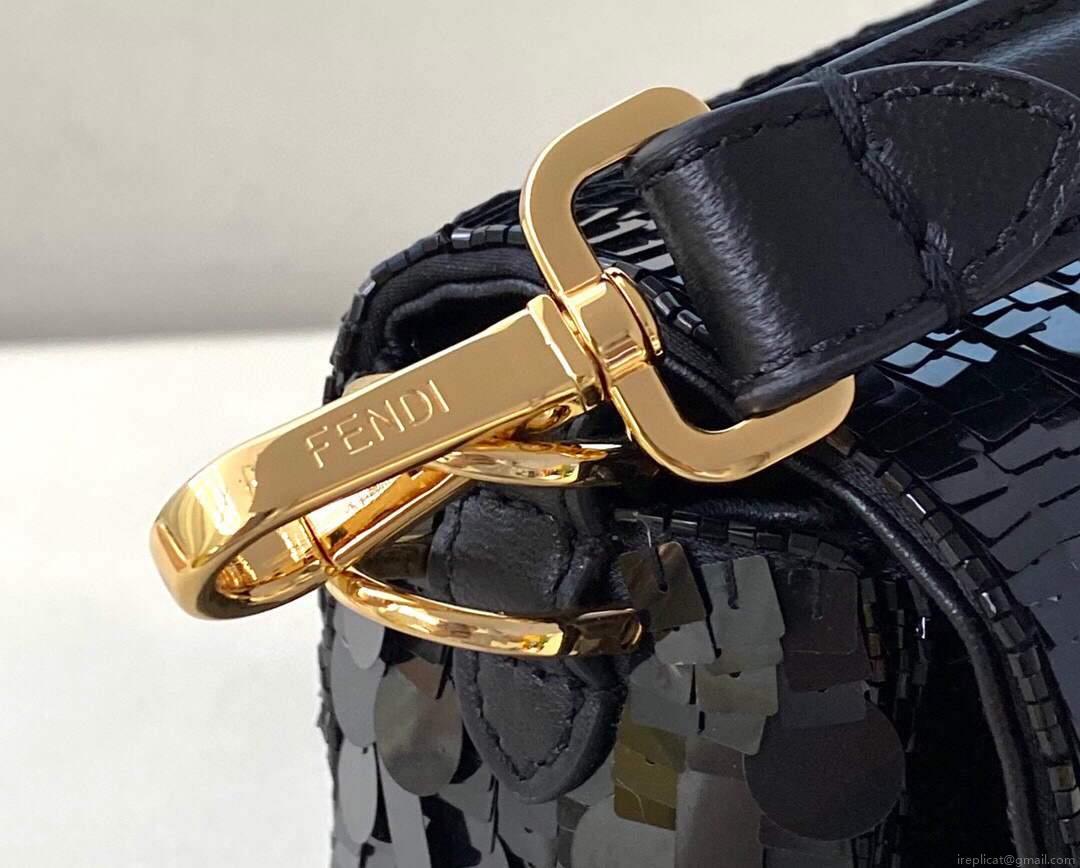 Fendi 8BR792 Medium Baguette 1997 Black Satin Bag with Sequins