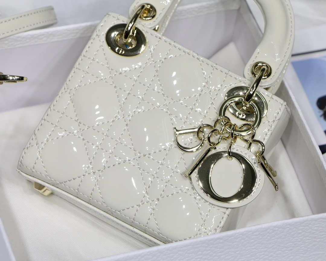 Dior MICRO LADY Dior Bag S0856 White Patent Cannage Lambskin