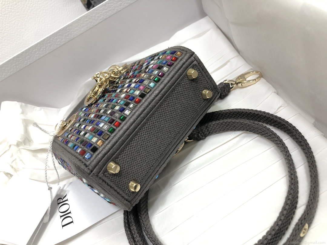 Dior S0856 Micro Lady Dior Bag Square Embroidery Set with Gray Multicolor Strass