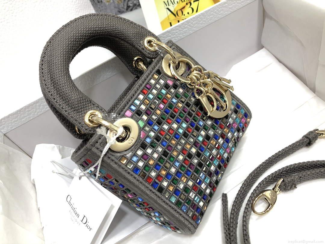 Dior S0856 Micro Lady Dior Bag Square Embroidery Set with Gray Multicolor Strass