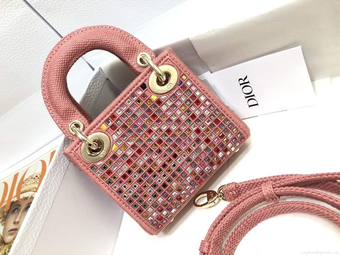 Dior S0856 Micro Lady Dior Bag Square Embroidery Set with Pink Multicolor Strass