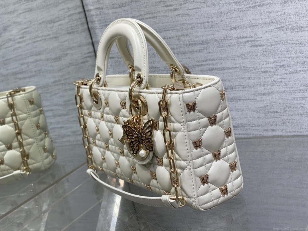 Dior M0540 Medium Lady D-Joy Bag White Cannage Lambskin with Gold-Finish Butterfly Studs