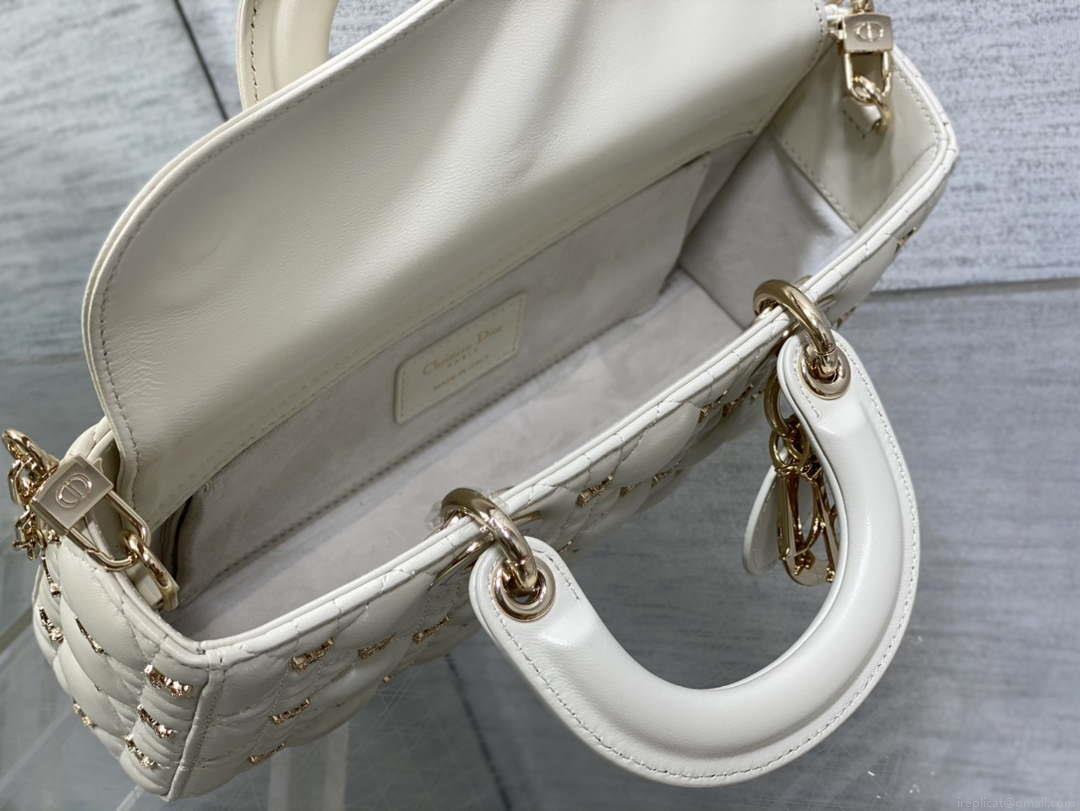 Dior M0540 Medium Lady D-Joy Bag White Cannage Lambskin with Gold-Finish Butterfly Studs