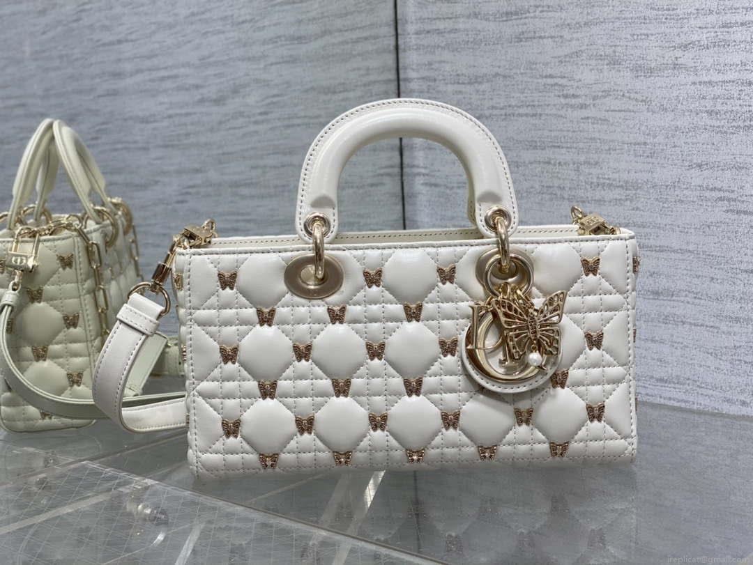 Dior M0540 Medium Lady D-Joy Bag White Cannage Lambskin with Gold-Finish Butterfly Studs