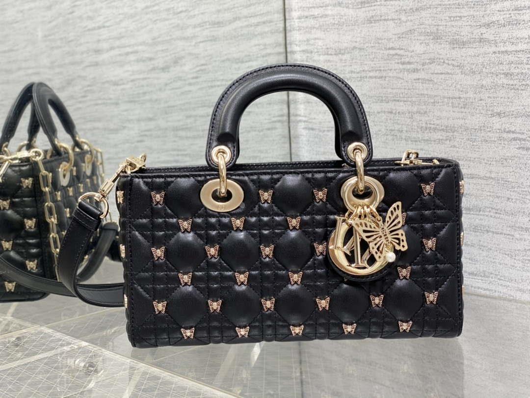 Dior M0540 Medium Lady D-Joy Bag Black Cannage Lambskin with Gold-Finish Butterfly Studs