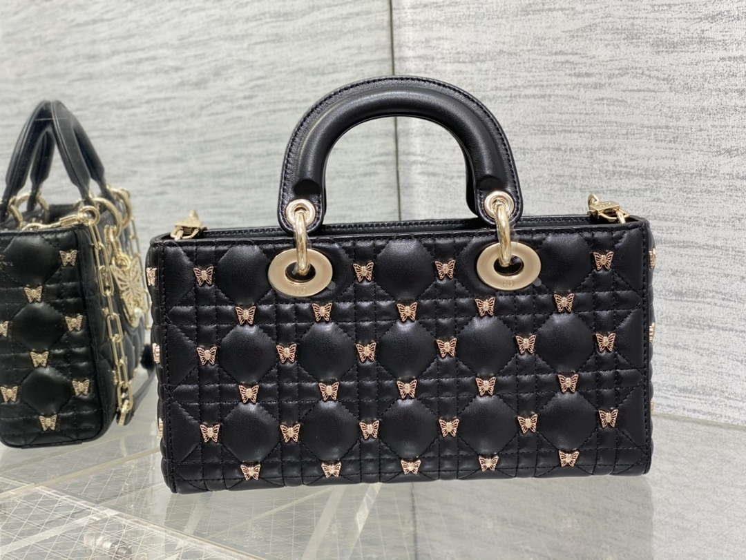 Dior M0540 Medium Lady D-Joy Bag Black Cannage Lambskin with Gold-Finish Butterfly Studs