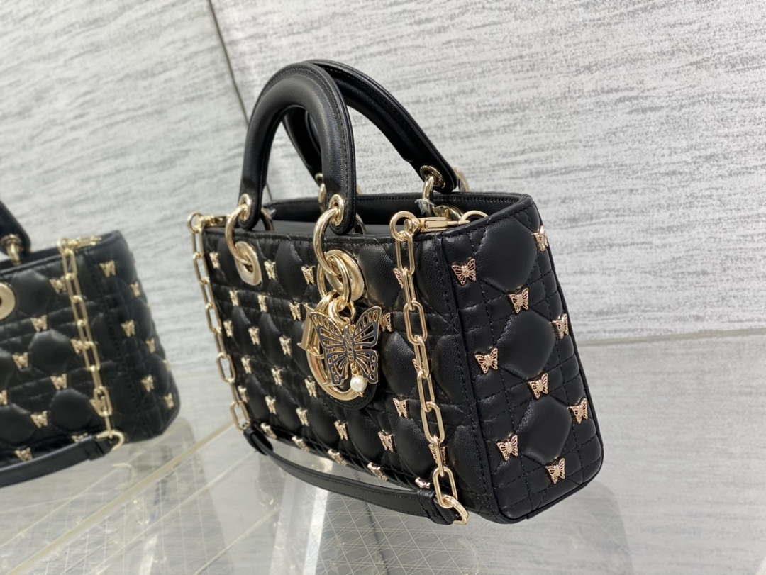 Dior M0540 Medium Lady D-Joy Bag Black Cannage Lambskin with Gold-Finish Butterfly Studs