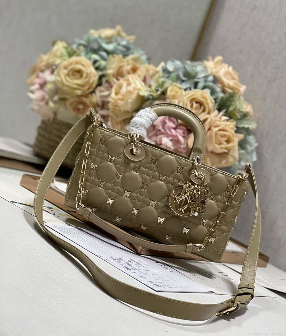 Dior M0540 Medium Lady D-Joy Bag Green Cannage Lambskin with Gold-Finish Butterfly Studs