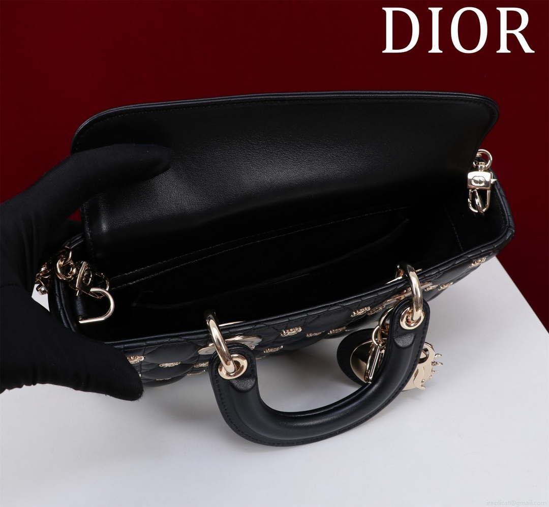 Dior M0540 Medium Lady D-Joy Bag Black Cannage Lambskin with Gold-Finish Sun Studs