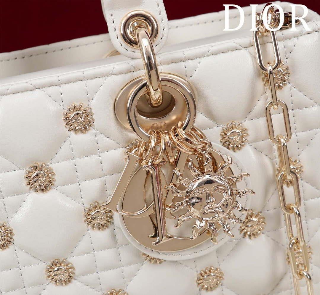 Dior M0540 Medium Lady D-Joy Bag White Cannage Lambskin with Gold-Finish Sun Studs
