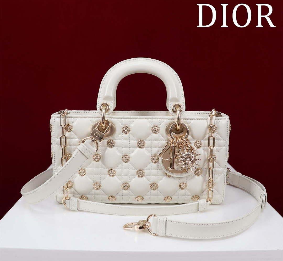 Dior M0540 Medium Lady D-Joy Bag White Cannage Lambskin with Gold-Finish Sun Studs
