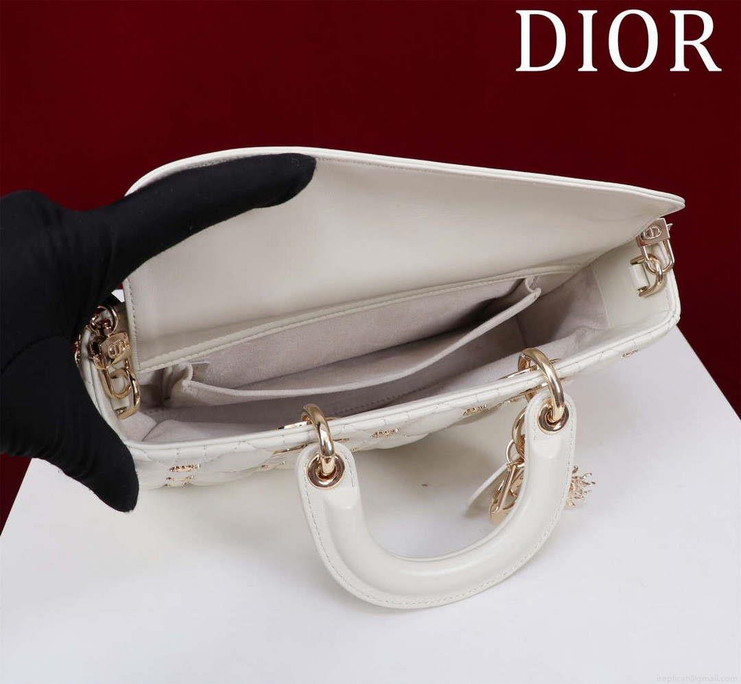 Dior M0540 Medium Lady D-Joy Bag White Cannage Lambskin with Gold-Finish Sun Studs