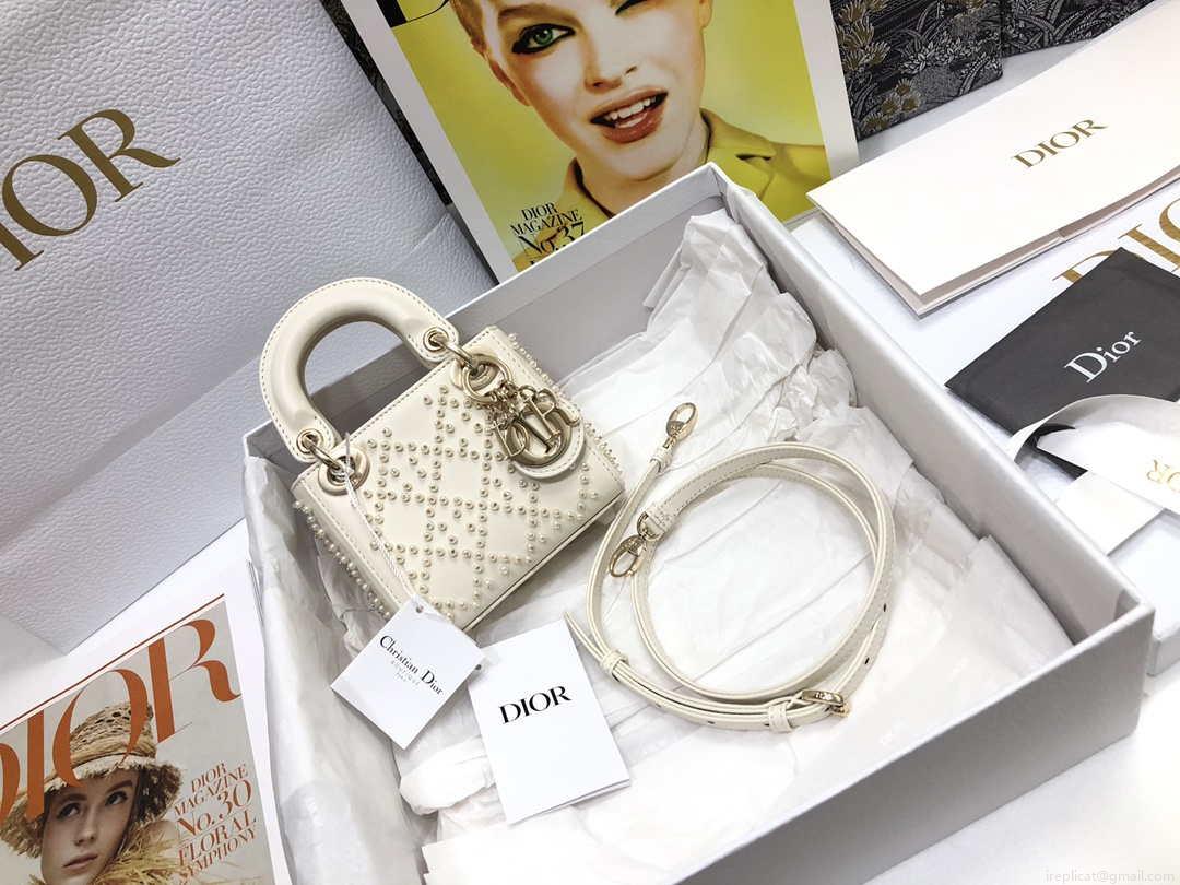 Dior S0856 MICRO LADY Dior Bag White Cannage Lambskin with Pearl