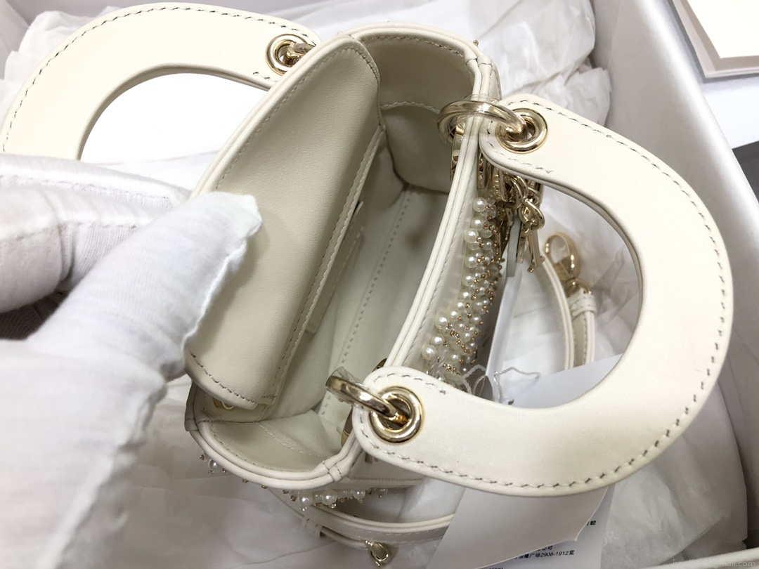 Dior S0856 MICRO LADY Dior Bag White Cannage Lambskin with Pearl