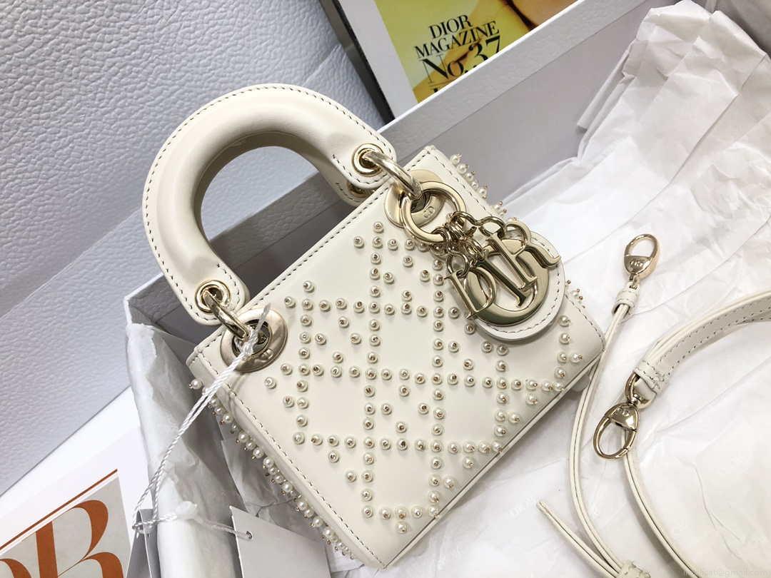Dior S0856 MICRO LADY Dior Bag White Cannage Lambskin with Pearl