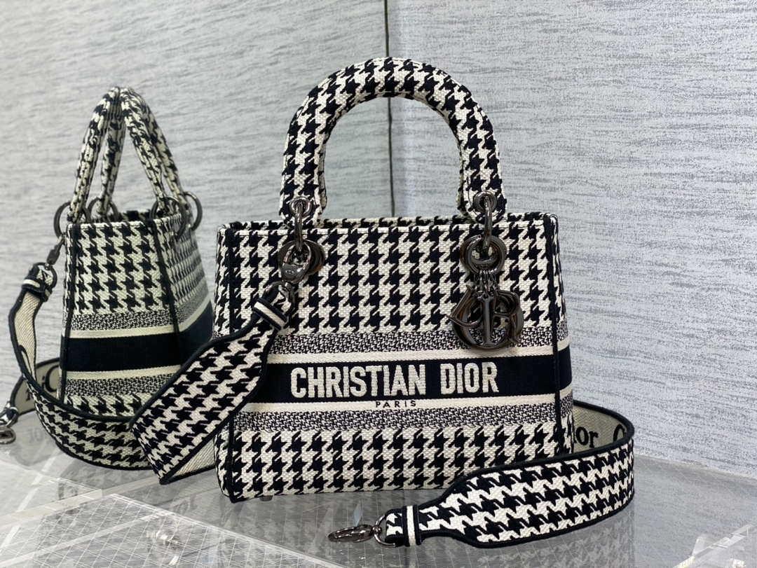 Dior M0565 Medium Lady D-Life Bag Black and White Houndstooth Embroidery