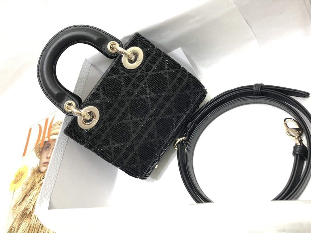 Dior S0856 MICRO LADY DIOR BAG Horizon Black Metallic Cannage Lambskin Embroidered with Beads