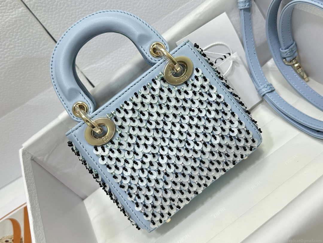 Dior S0856 Micro Lady Dior Bag Horizon Blue Metallic Cannage Lambskin embroidery sequins