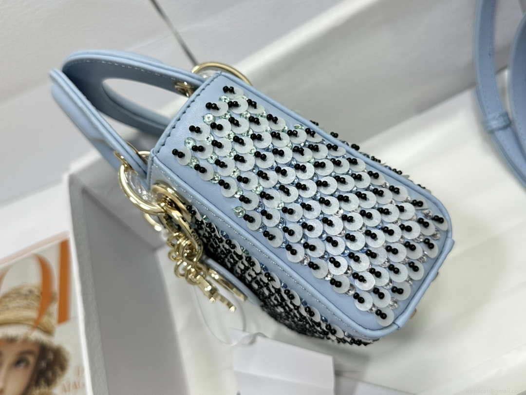 Dior S0856 Micro Lady Dior Bag Horizon Blue Metallic Cannage Lambskin embroidery sequins