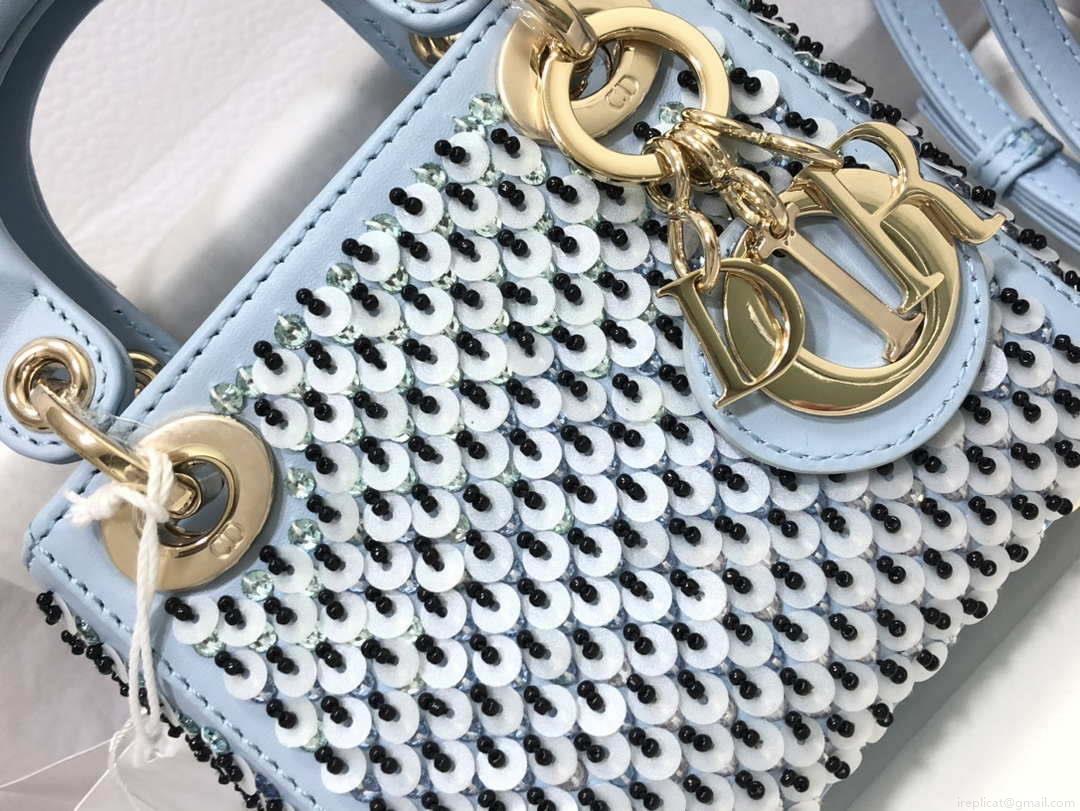 Dior S0856 Micro Lady Dior Bag Horizon Blue Metallic Cannage Lambskin embroidery sequins