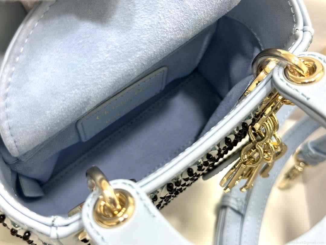 Dior S0856 Micro Lady Dior Bag Horizon Blue Metallic Cannage Lambskin embroidery sequins