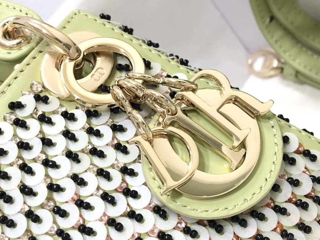 Dior S0856 Micro Lady Dior Bag Horizon Green Metallic Cannage Lambskin embroidery sequins