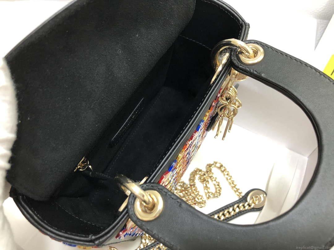 Dior S0856 Micro Lady Dior Bag Horizon Black Metallic Cannage Lambskin with multicolor embroidery sequins