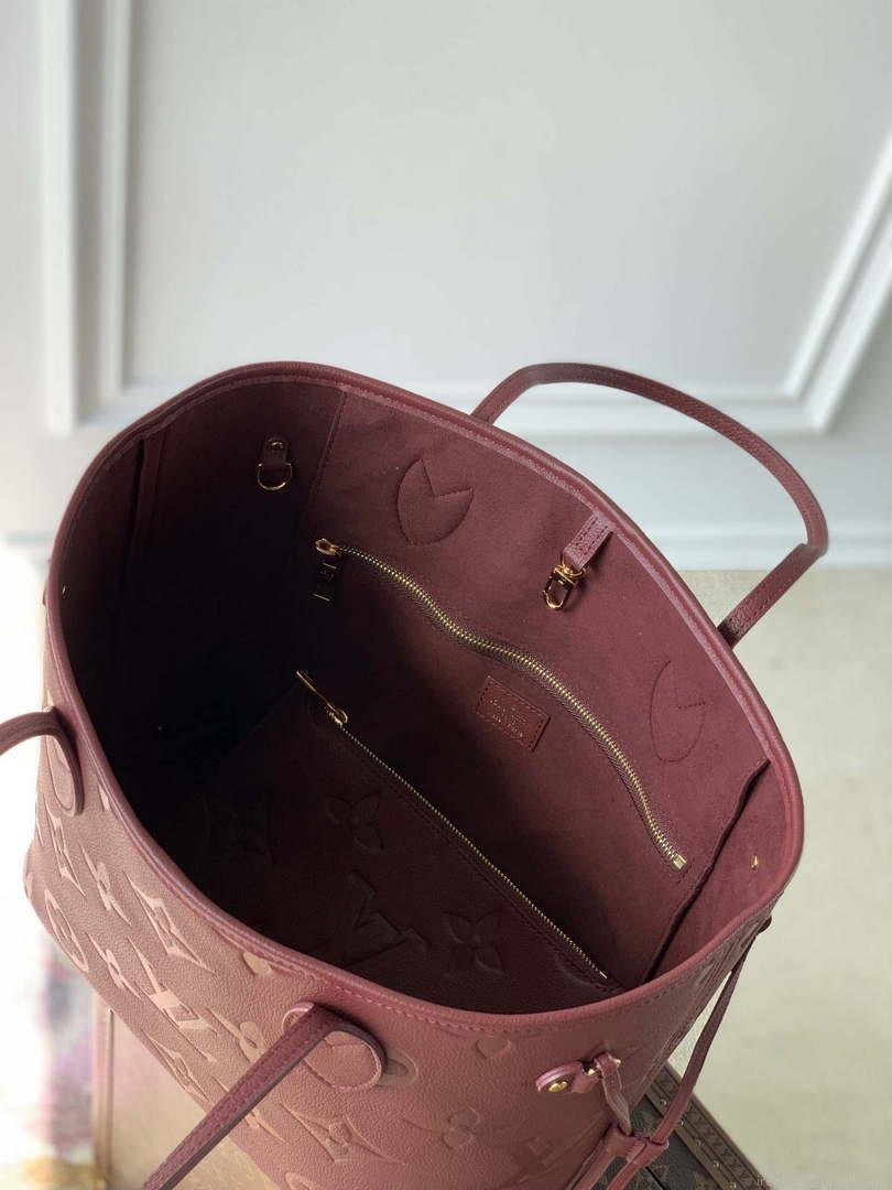 LV M46599 Louis Vuitton Neverfull MM Bag M45685 Monogram Empreinte Leather Wine Red
