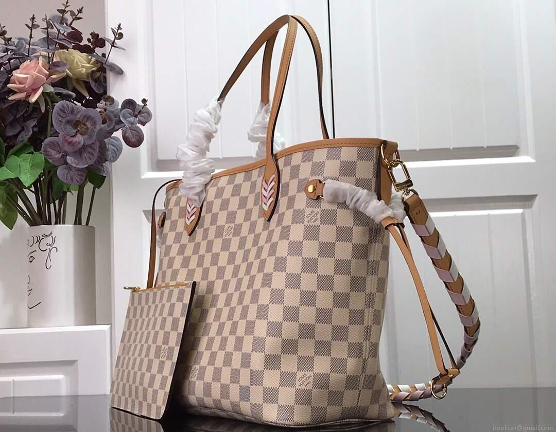 LV N50047 Louis Vuitton Neverfull MM Damier Azur Canvas Bag Pink