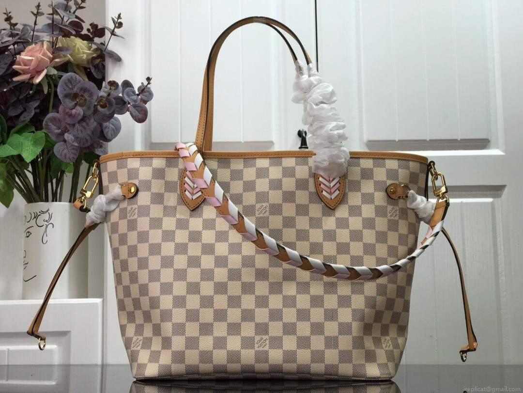 LV N50047 Louis Vuitton Neverfull MM Damier Azur Canvas Bag Pink