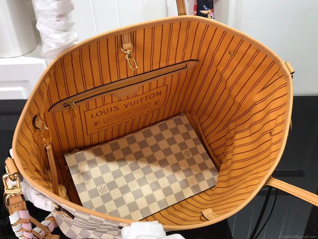 LV N50047 Louis Vuitton Neverfull MM Damier Azur Canvas Bag Pink