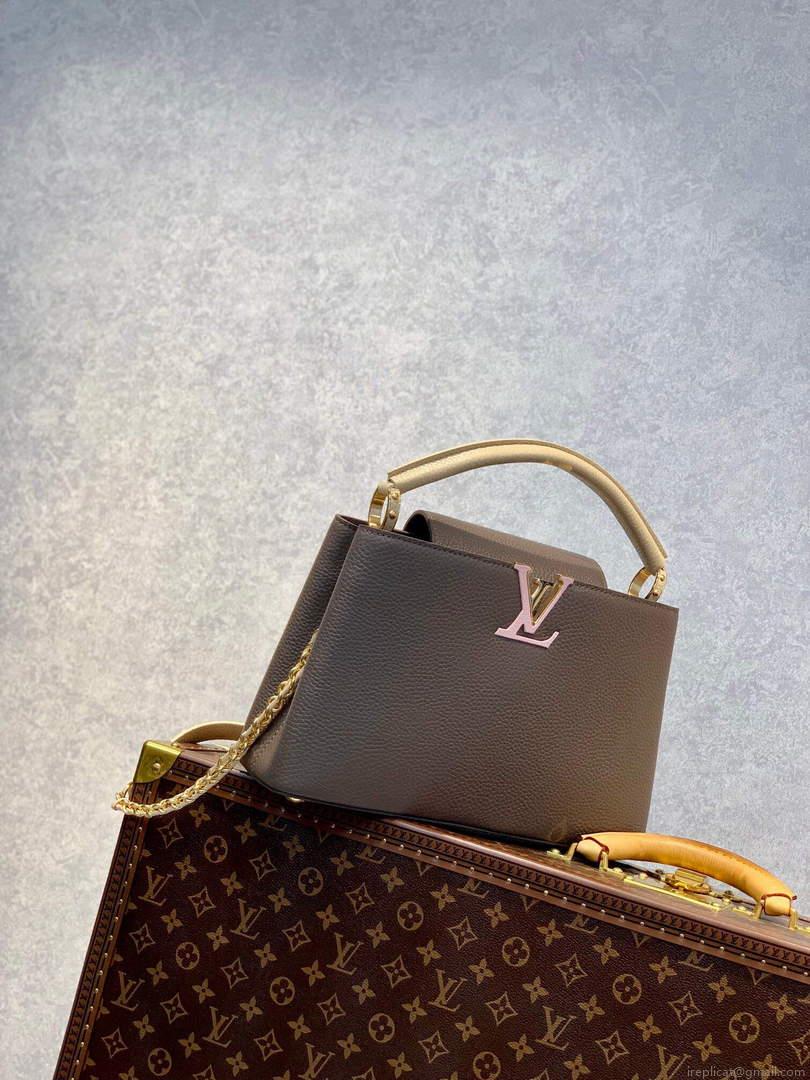 LV M59516 Louis Vuitton Capucines MM Handbag Smokey Brown Green/Crème/Pink
