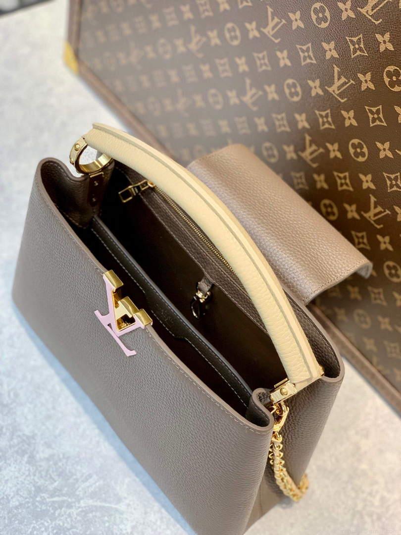 LV M59516 Louis Vuitton Capucines MM Handbag Smokey Brown Green/Crème/Pink