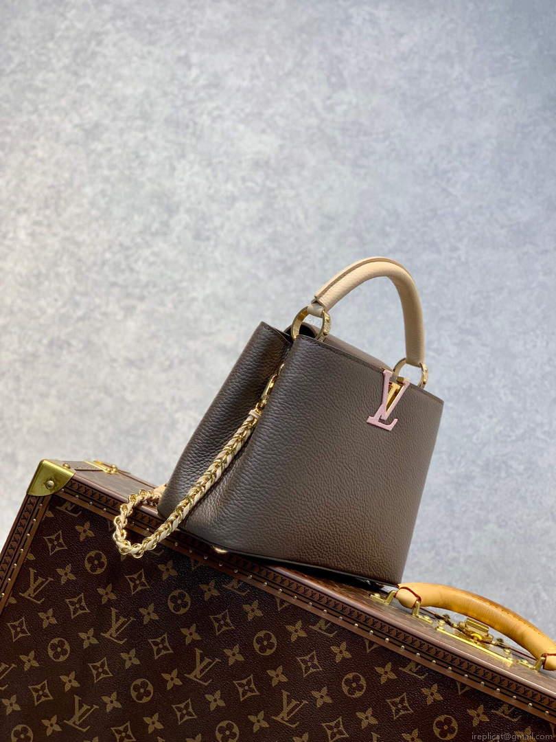 LV M59512 Louis Vuitton Capucines BB Bag Smokey Brown Green/Crème/Pink